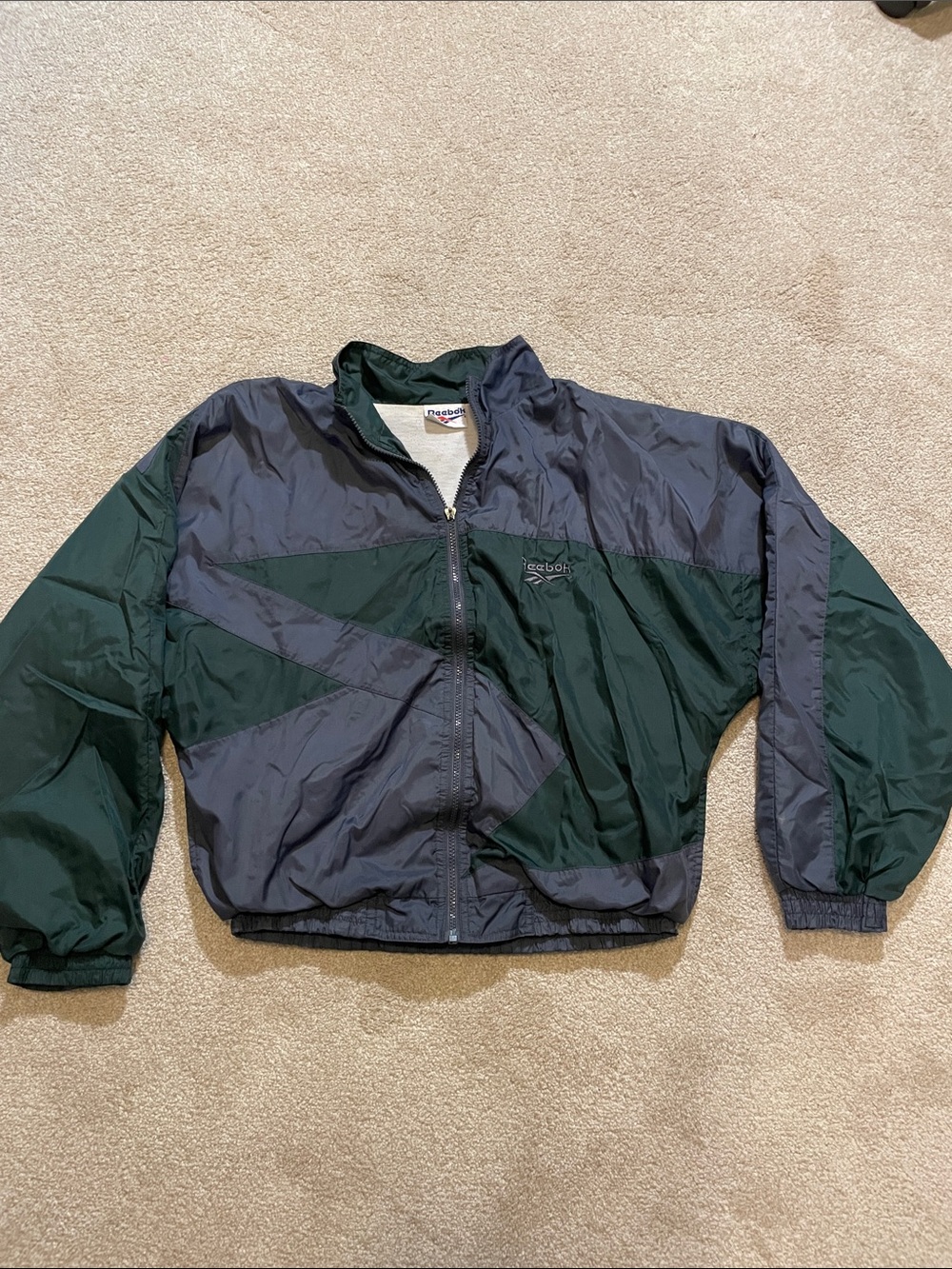 Vintage Reebok Dark Green and Gray Colorblock Windbreaker